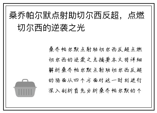 桑乔帕尔默点射助切尔西反超，点燃⚡切尔西的逆袭之光